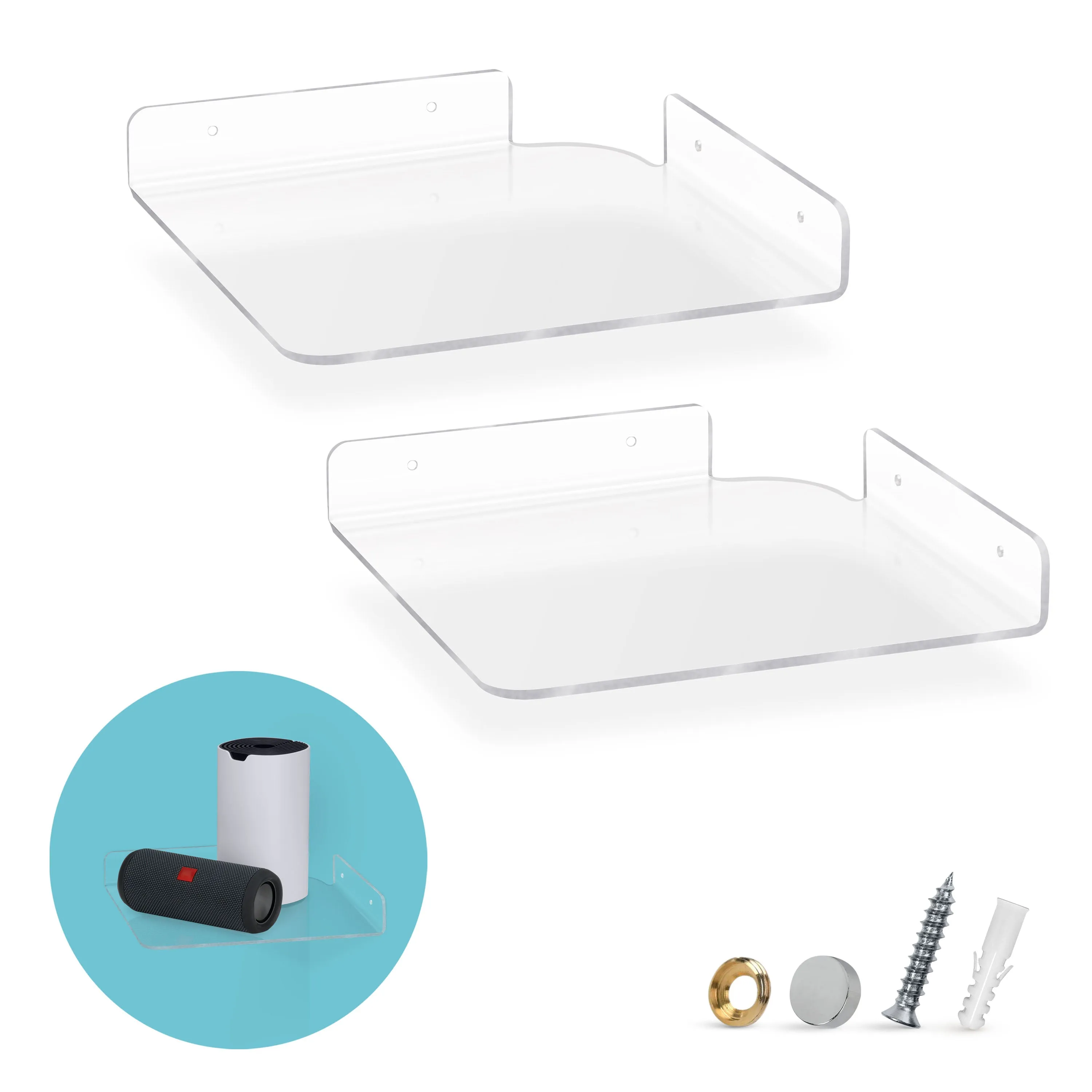 2-Pack 9.5” Small Corner Shelf Wall Mount for Baby Monitors, Cameras, Speakers, Sonos, Decor, Plants, Photos, Kitchen, Bathroom, Routers, Cable Box & More Universal Holder Acrylic Floating Shelves