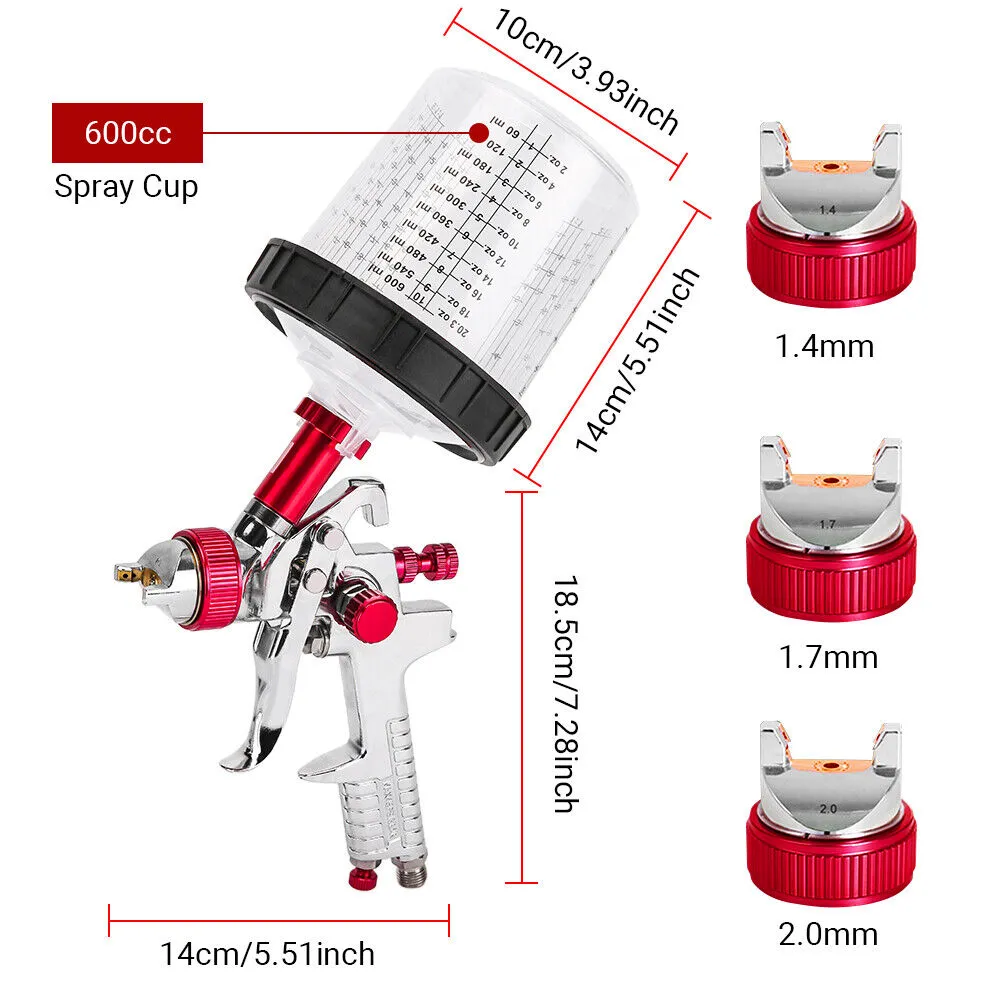 Adjustable HVLP Gravity Spray Gun Set with 3 Tips, 600CC