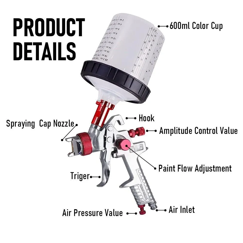 Adjustable HVLP Gravity Spray Gun Set with 3 Tips, 600CC