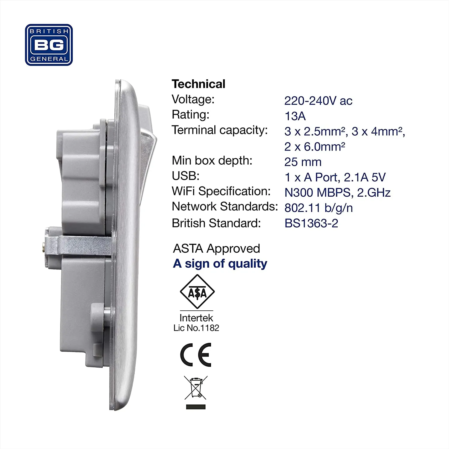 BG USB Wifi Double Socket in Brushed Steel with Grey Insert - NBS22UWRG−01