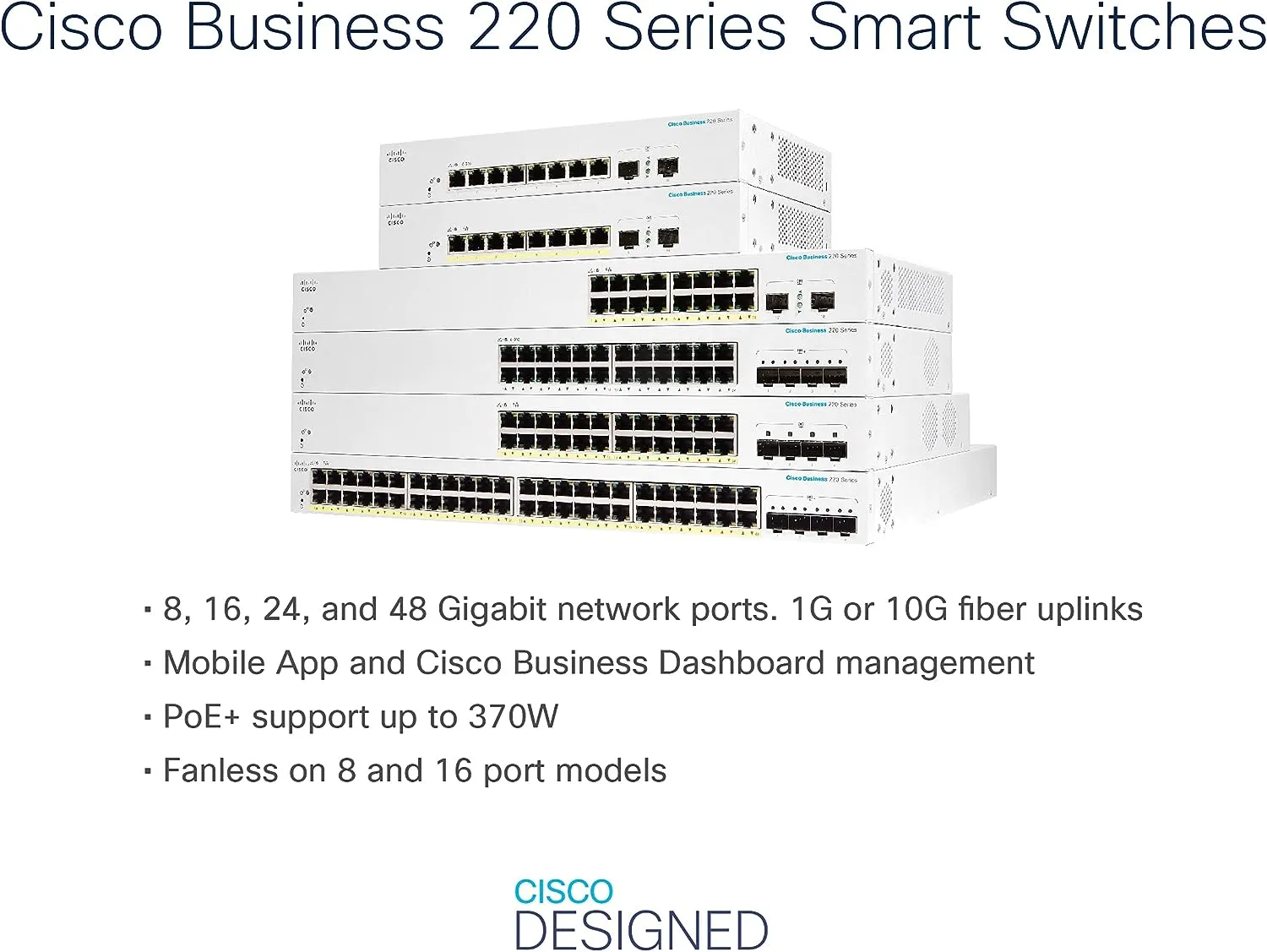 Cisco Business CBS220 24-Port Gigabit (382W PoE )   4-Port Gigabit SFP Uplink Smart Switch (CBS220-24FP-4G-UK / NE-2224A4G)