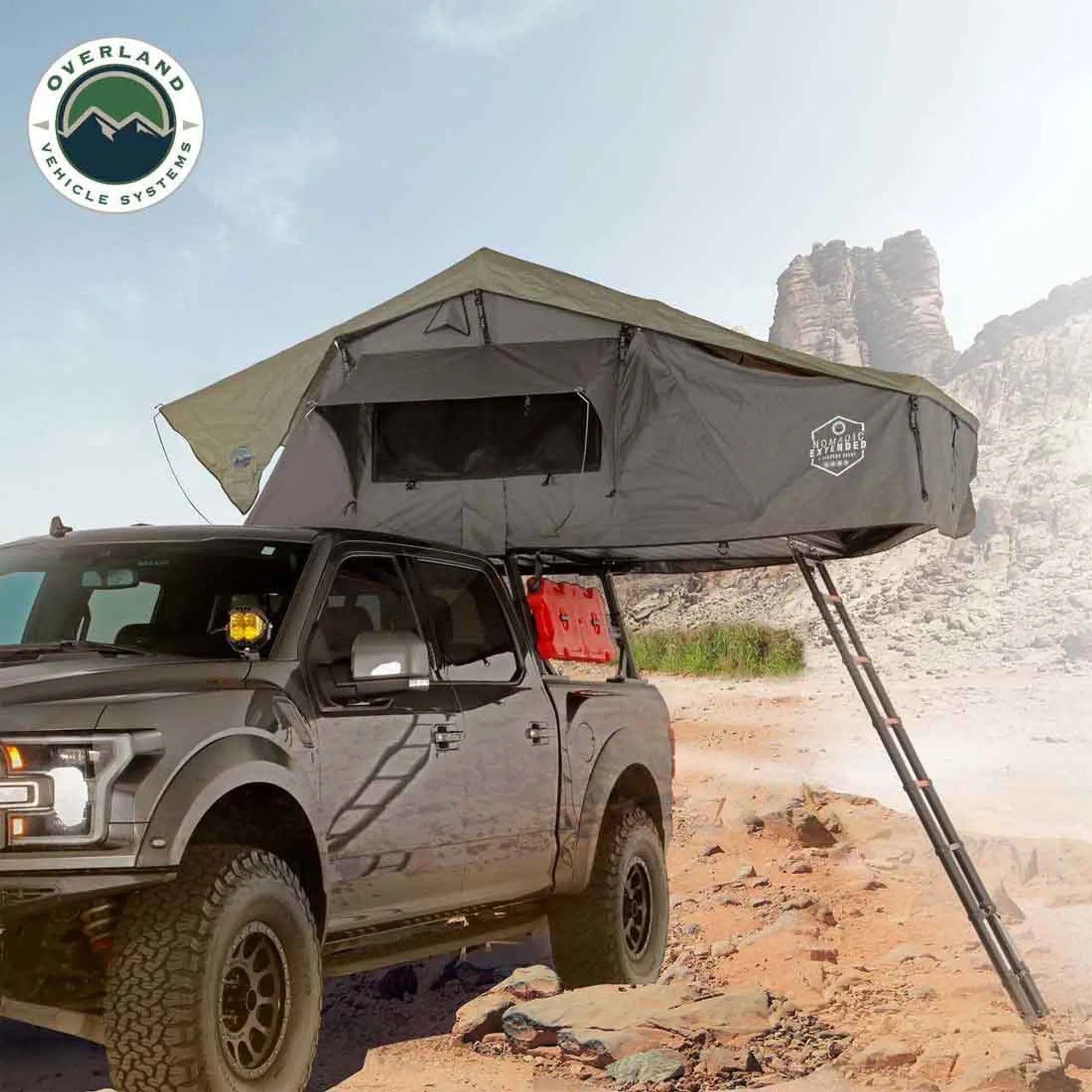 Overland Vehicle Systems HD Nomadic 2 Extended Soft Shell Roof Top Tent - Grey Body & Green Rainfly