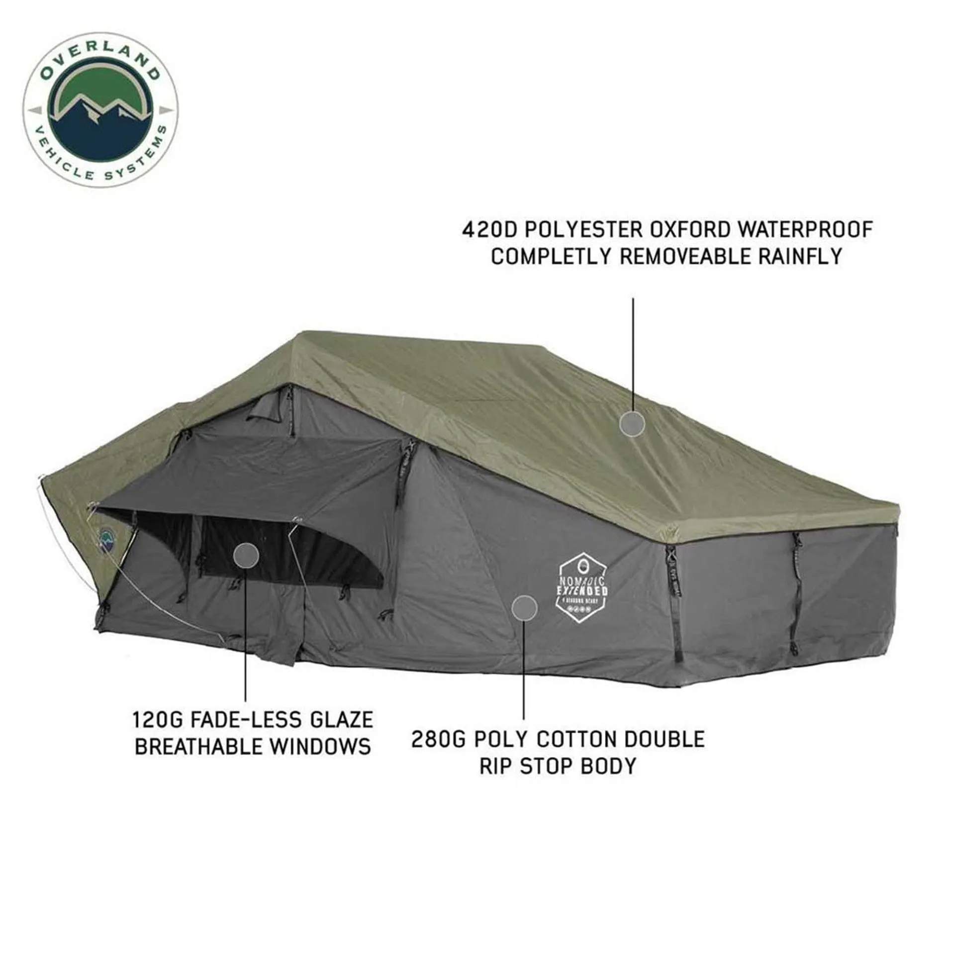 Overland Vehicle Systems HD Nomadic 2 Extended Soft Shell Roof Top Tent - Grey Body & Green Rainfly