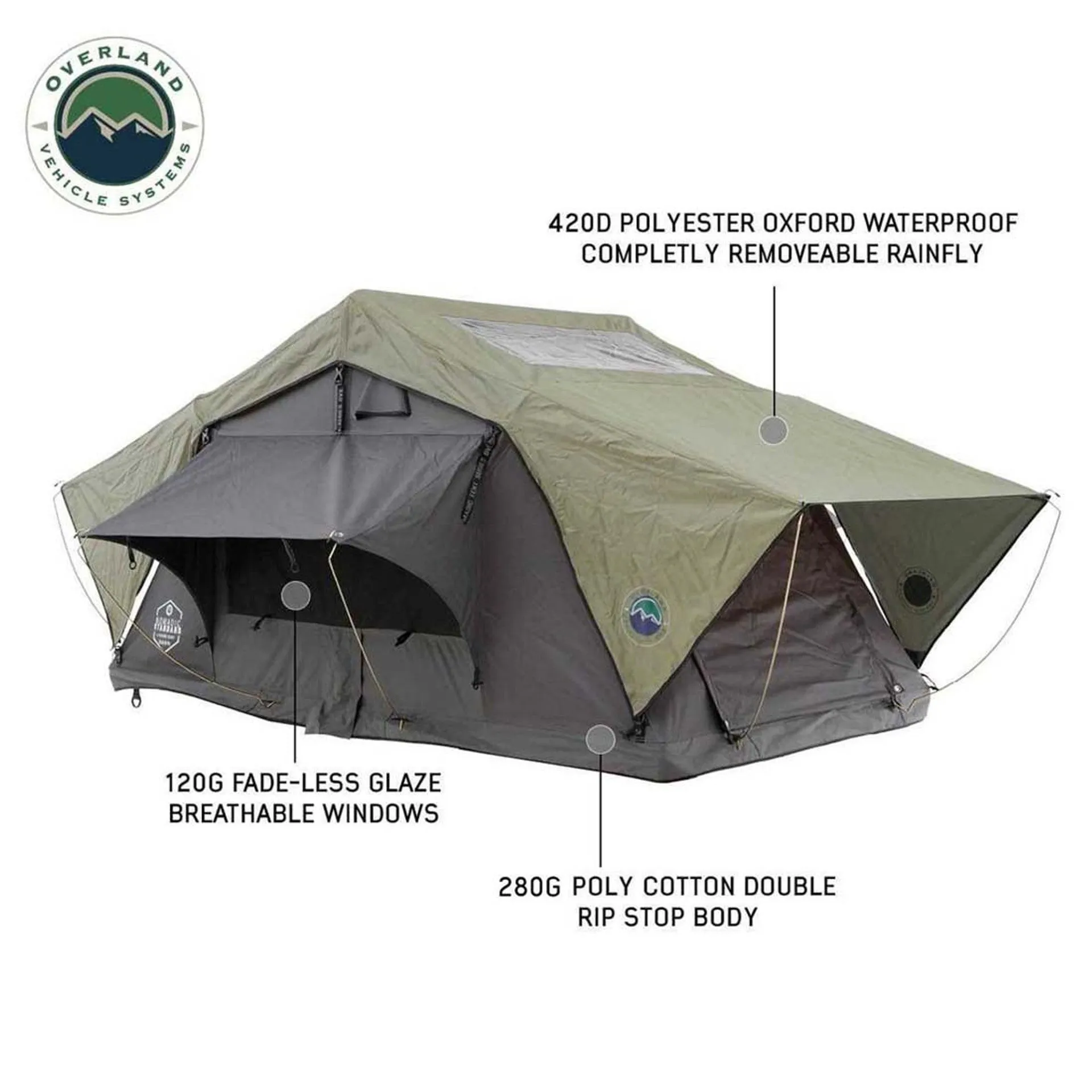 Overland Vehicle Systems HD Nomadic 2 Standard Soft Shell Roof Top Tent - Grey Body & Green Rainfly