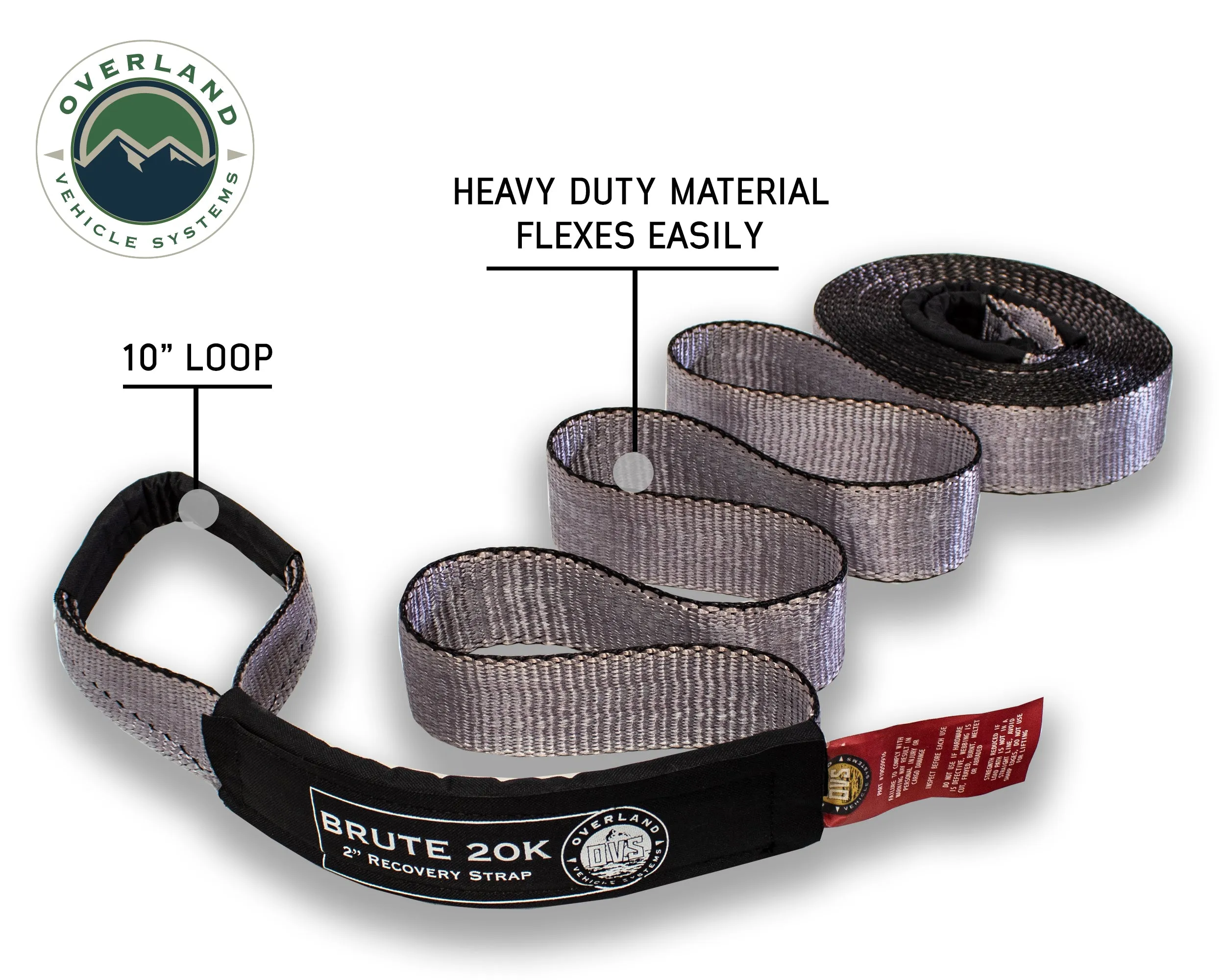 Overland Vehicle Systems Tow Strap 20,000 Lb. 2" X 30' Gray With Black Ends & Storage Bag