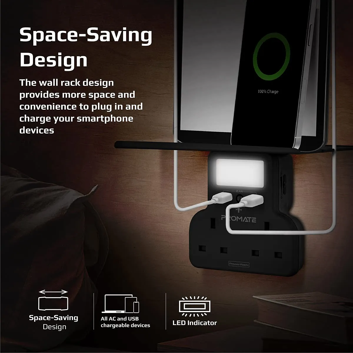 Promate 5 in 1 Wall Mount Charging Station,Dual 3250W AC Outlets