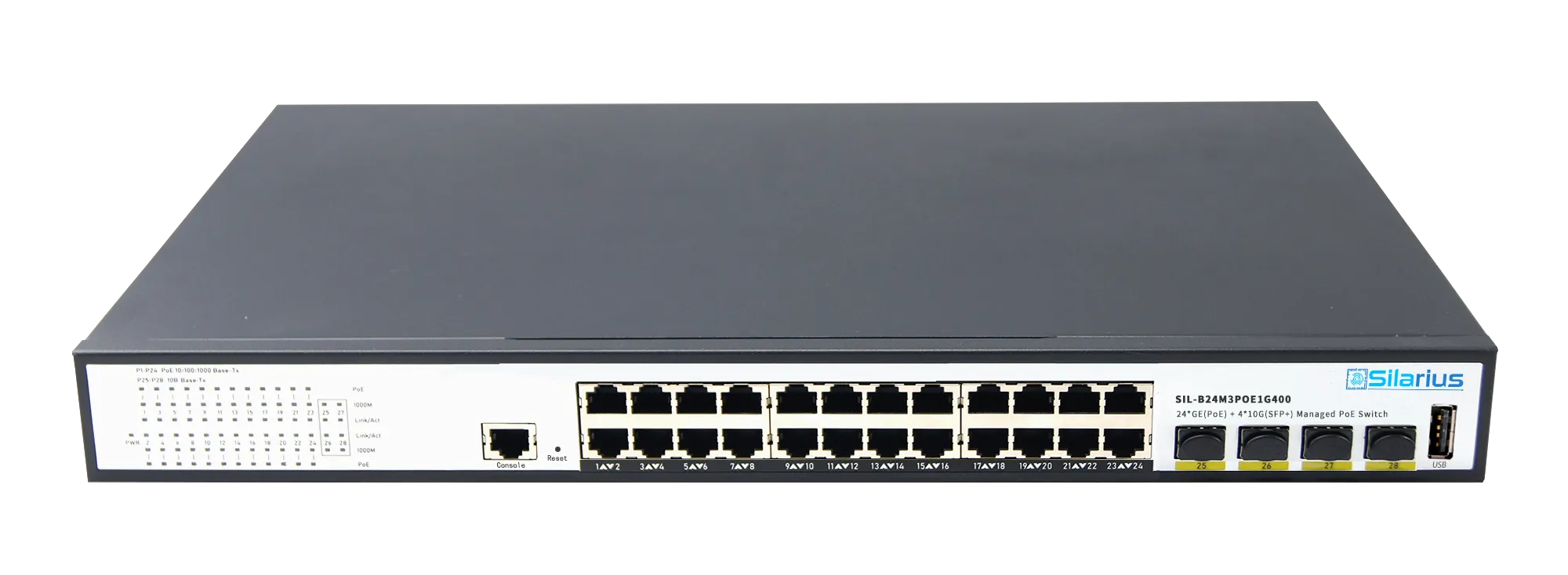 Silarius SIL-B24M3POE1G400 24 Ports 10/100/1000Mbps Gigabit Layer 3 Managed PoE  switch with 4 Ports 10G SFP  Uplink, 1 Console, 6KV surge protection, 400W, rack mount installation