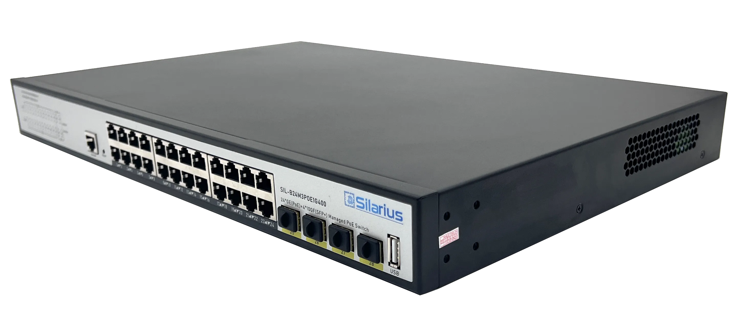 Silarius SIL-B24M3POE1G400 24 Ports 10/100/1000Mbps Gigabit Layer 3 Managed PoE  switch with 4 Ports 10G SFP  Uplink, 1 Console, 6KV surge protection, 400W, rack mount installation