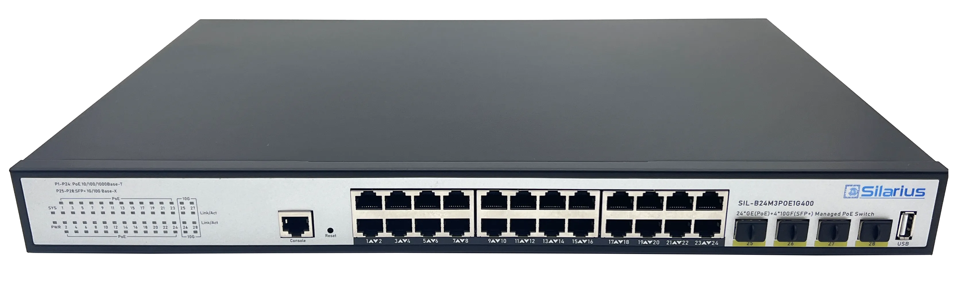 Silarius SIL-B24M3POE1G400 24 Ports 10/100/1000Mbps Gigabit Layer 3 Managed PoE  switch with 4 Ports 10G SFP  Uplink, 1 Console, 6KV surge protection, 400W, rack mount installation