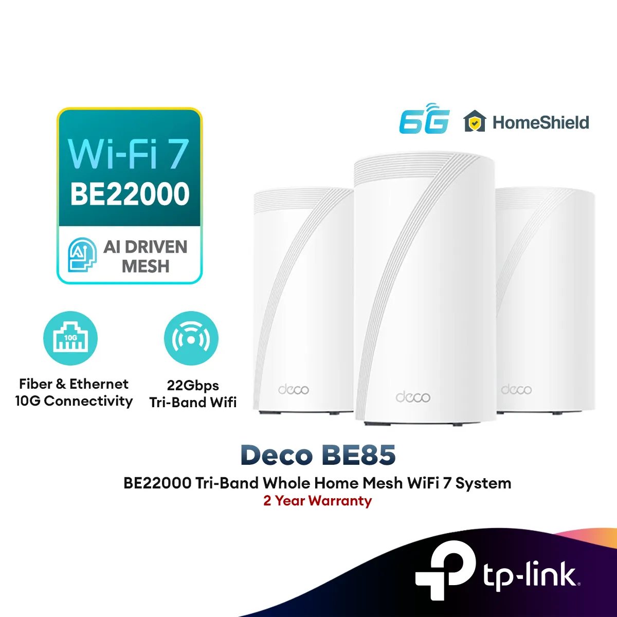 TP-Link Deco BE85 BE22000 Tri-Band Whole Home Mesh WiFi 7 System AI-Driven Mesh Router With Homeshield 6 GHz Band